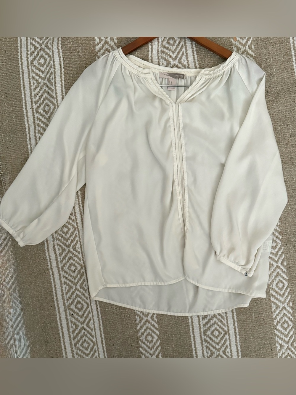 Y2K Forever 21 Off White Boho Peasant Pointelle stitching 3/4 Sleeve Blouse M